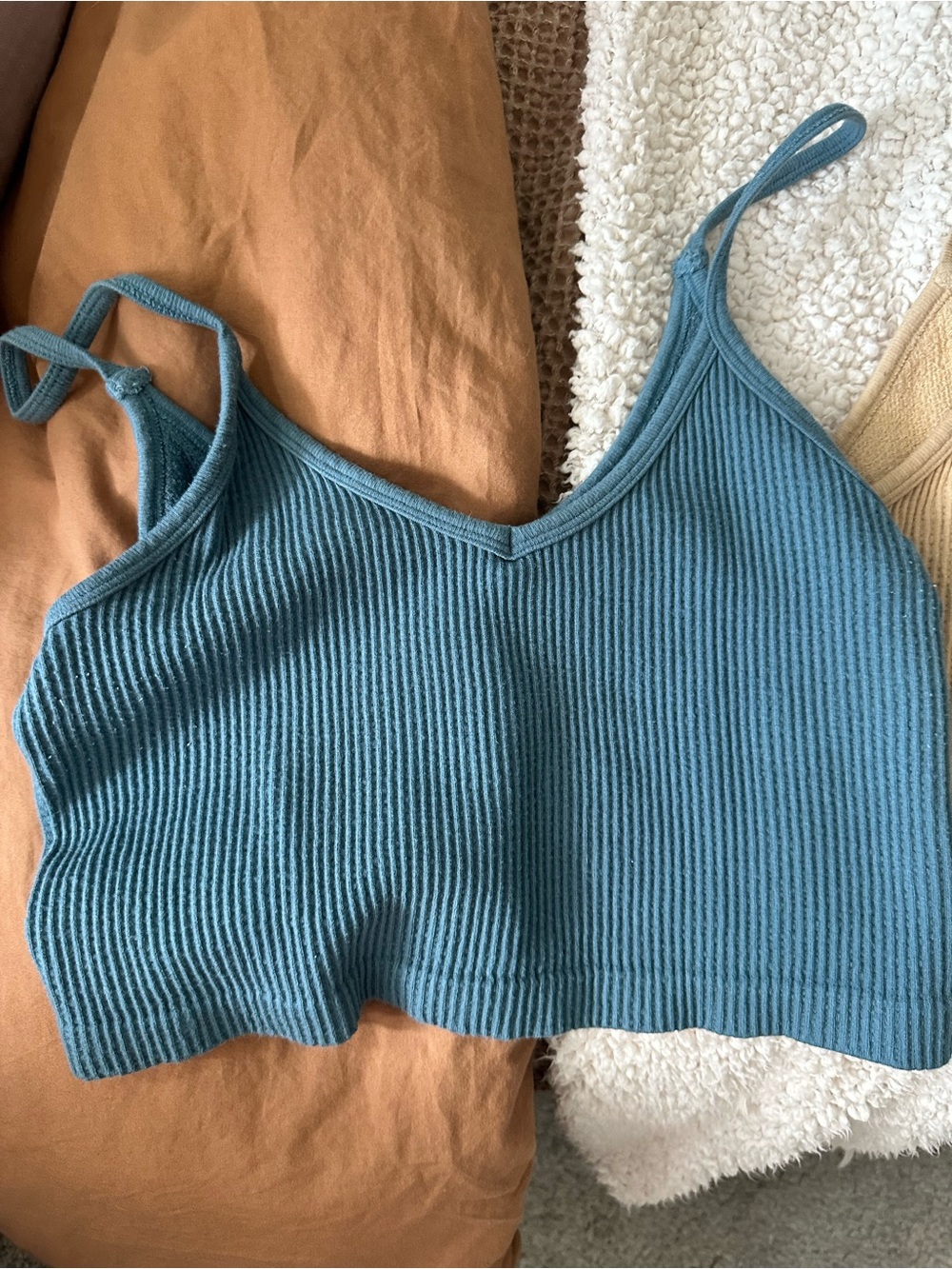 By Together Ribbed V-Neck Crop Tank Top - Blue and Beige - Picture 2 of 5